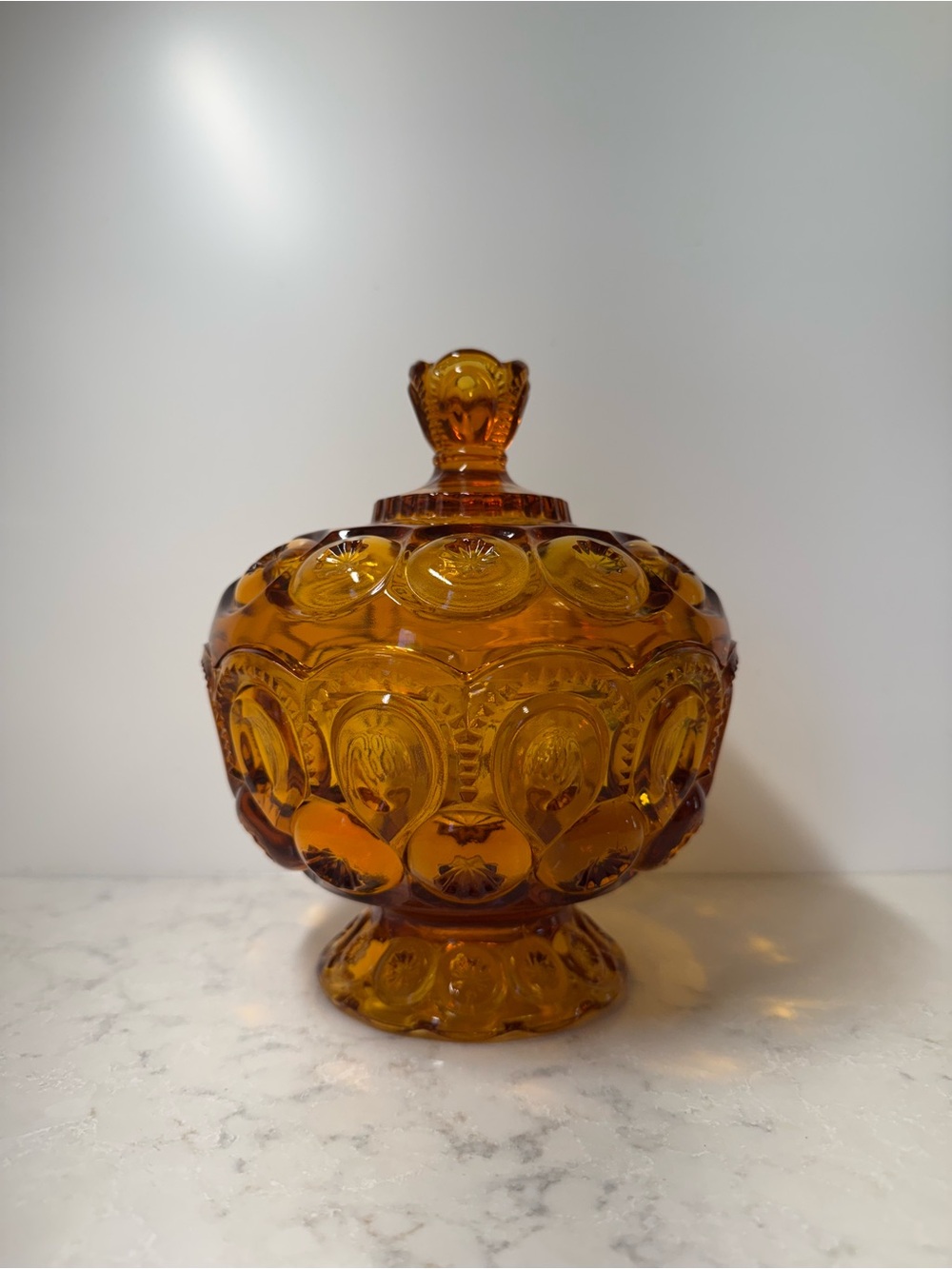 Vintage L.E Smith Amber Moon and Stars Glass Covered Candy Dish